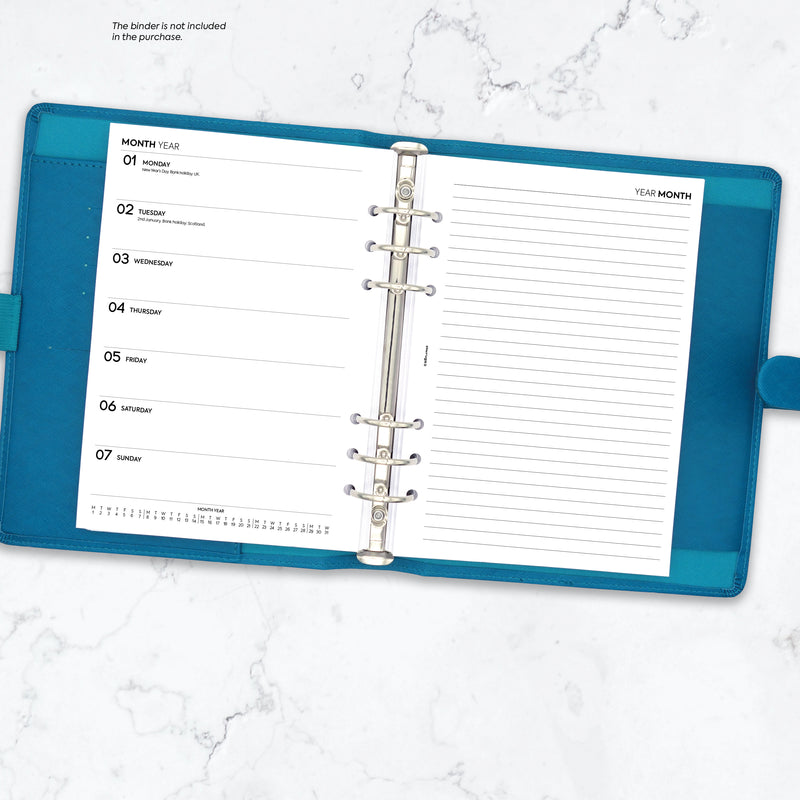 A5 size Week On One Page diary with lined notes organiser refill | Essential