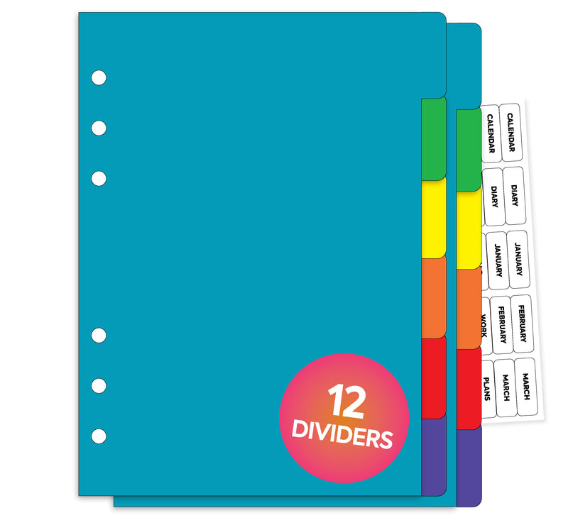 A5 size 12-part cardstock bright dividers & clear tabs labels organiser refill