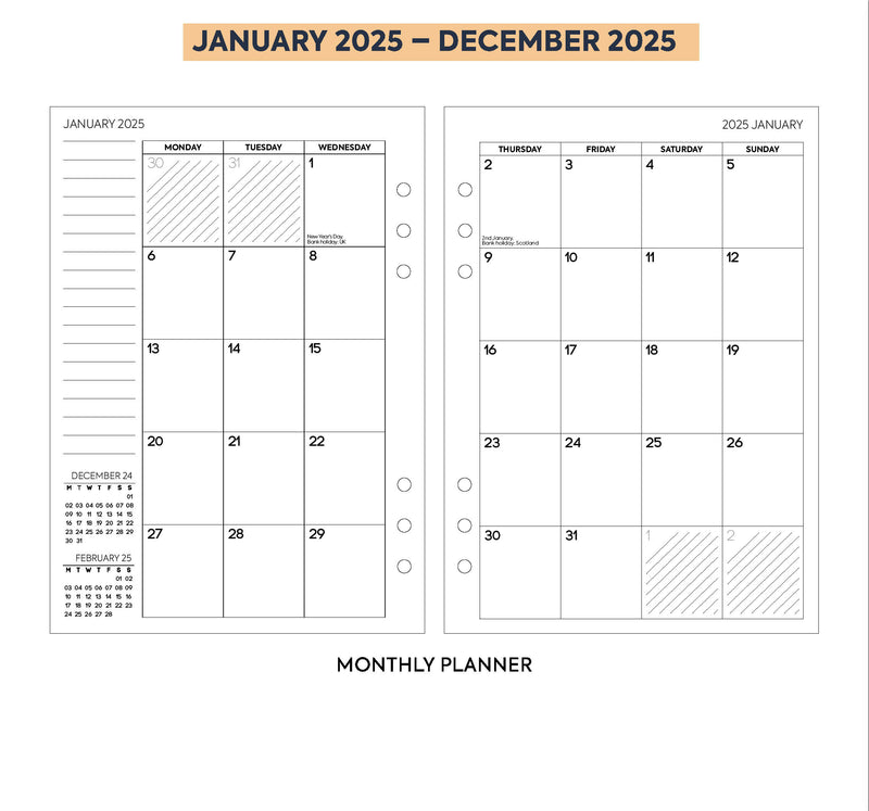 2025 A5 size Week On Two Pages Diary organiser refill | Monthly/Weekly | Fountain pen friendly