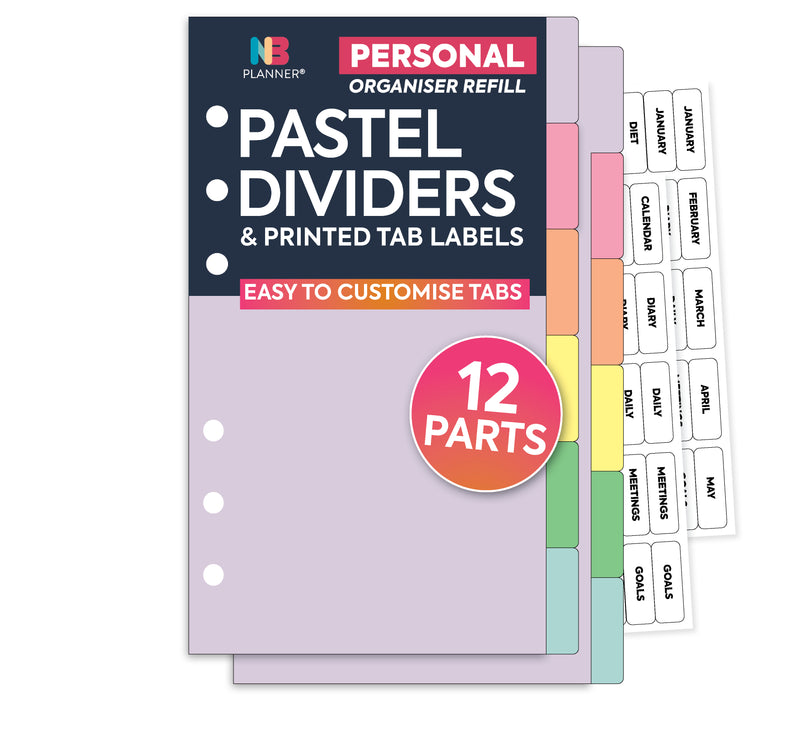 Personal size 12-part pastel card-stock dividers & clear tab labels