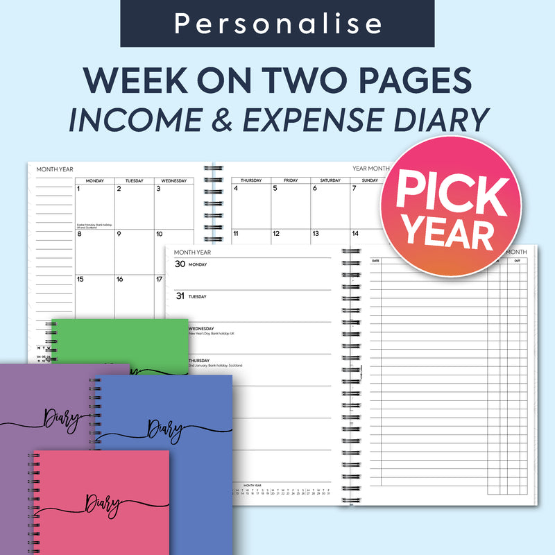 Week-to-view A5 spiral diary 2025  2026 academic Tax year income & Expense budget planner