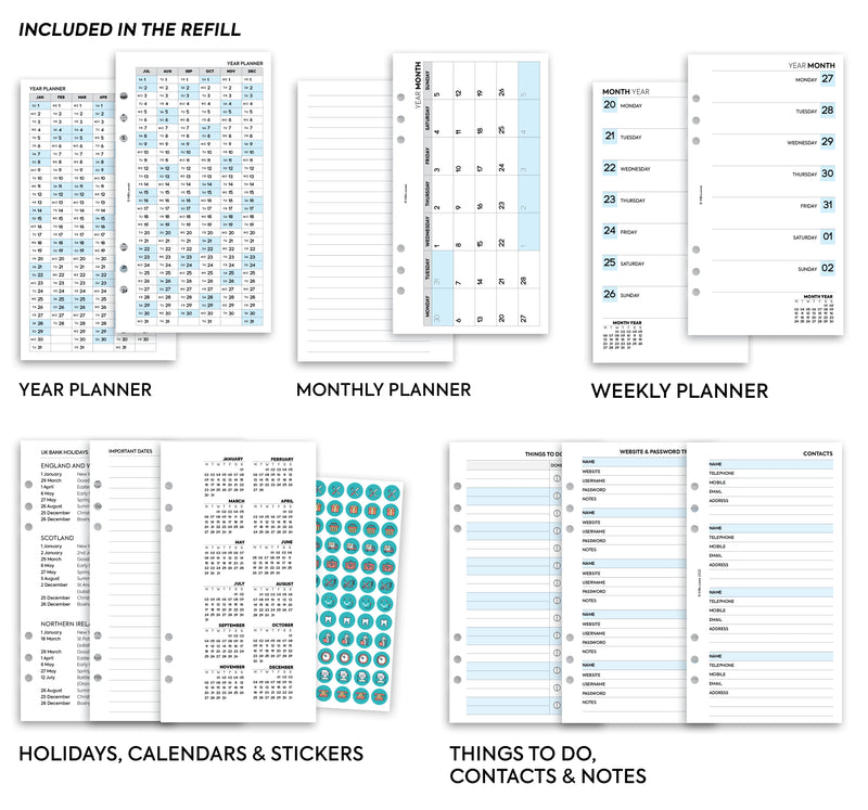 Personal size Week on one page diary organiser refill | Monthly/Weekly | Classic collection