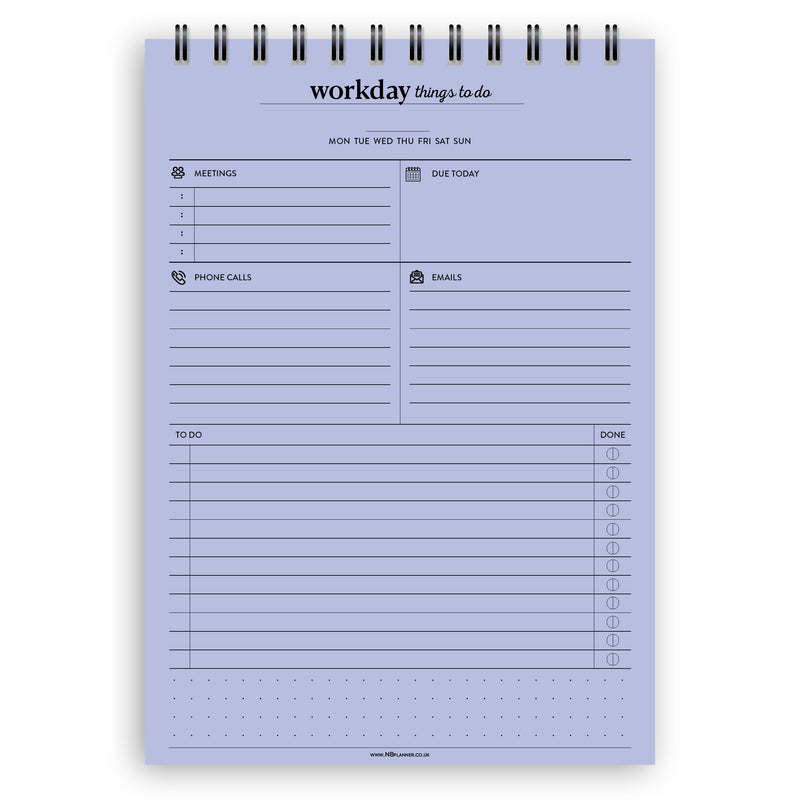 A5 workday things to do notepad | Spiral desk pad | Coloured and white paper