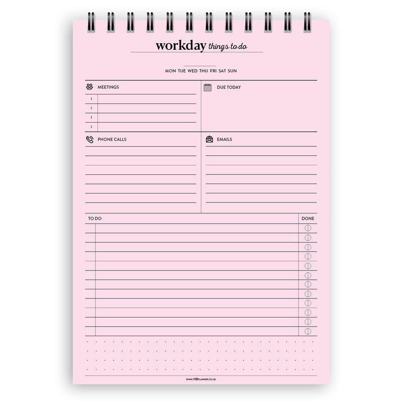 A5 workday things to do notepad | Spiral desk pad | Coloured and white paper