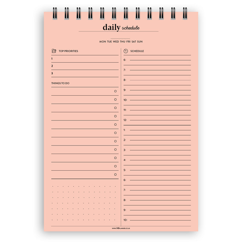 A5 daily schedule notepad | Spiral desk pad | Coloured and white paper