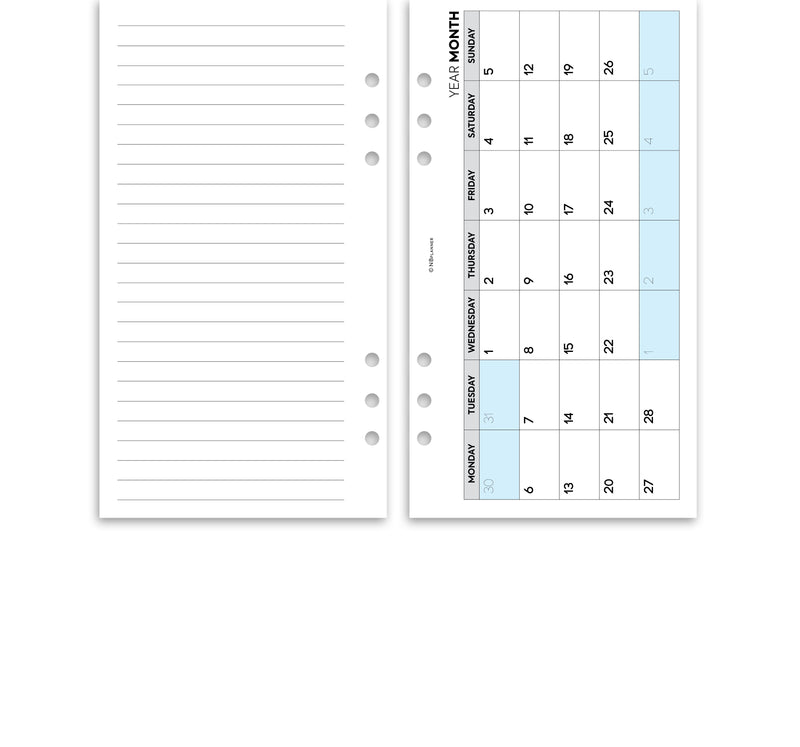 Personal size Week on one page diary organiser refill | Monthly/Weekly | Classic collection