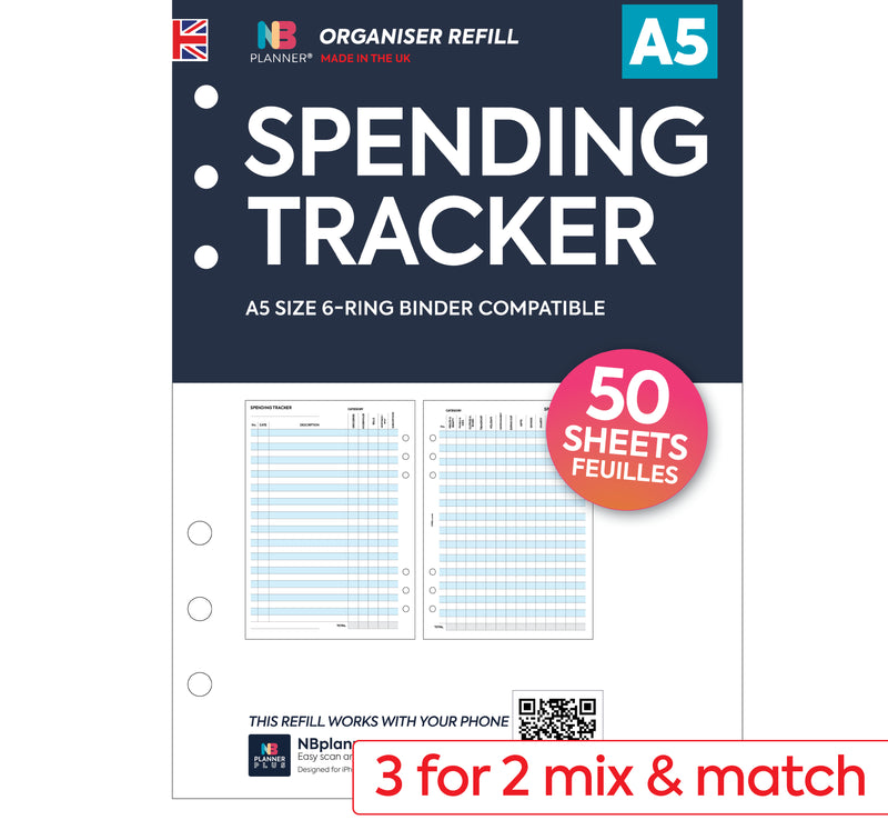 Spending tracker organiser refill insert Compatible: Filofax A5 6-ring organisers, WHSmith large organisers, Kikki K Large and other similar binders.