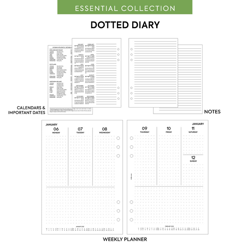 A5 size week on two pages dot grid / dotted diary organiser refill | Essential