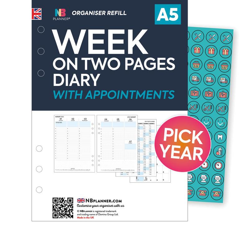 A5 size Week on two pages diary with appointments organiser refill | Monthly / weekly | Classic collection Compatible: Filofax A5 6-ring organisers, WHSmith large organisers, Kikki K Large and other similar binders.