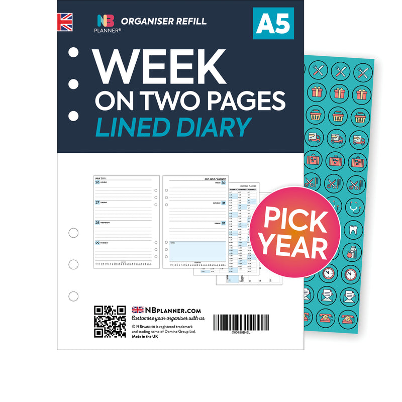 A5 size week on two pages lined diary printed organiser refill insert. Compatible: Filofax A5 6-ring organisers, WHSmith large organisers, Kikki K Large and other similar binders.