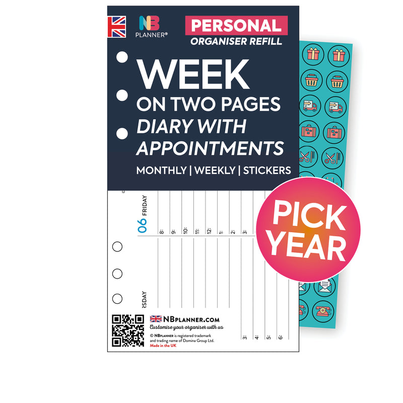 Personal size Week on two pages horizontal appointment diary organiser
