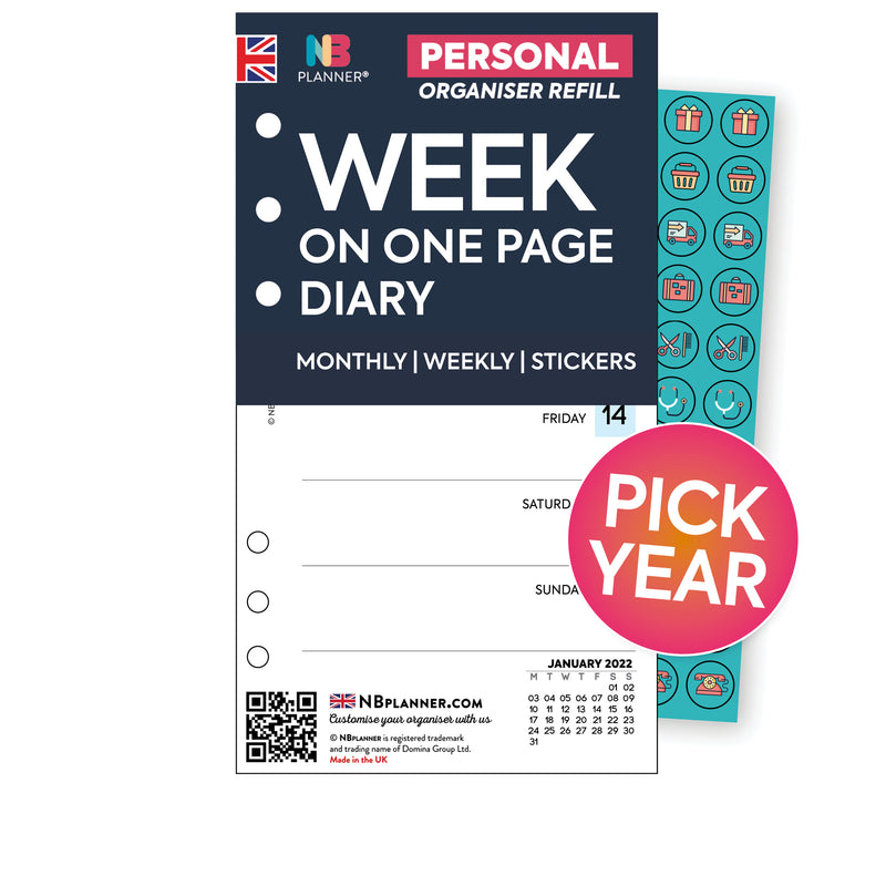 Filofax Personal size compatible diary refill insert with stickers.