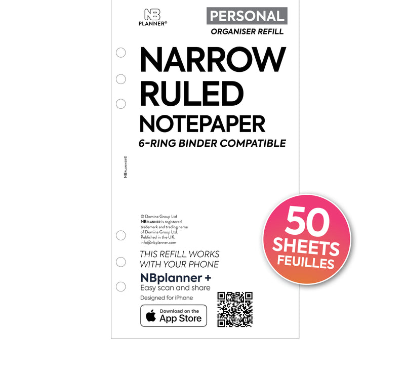 Filofax Personal size compatible printed wide ruled lined notepaper organiser refill insert