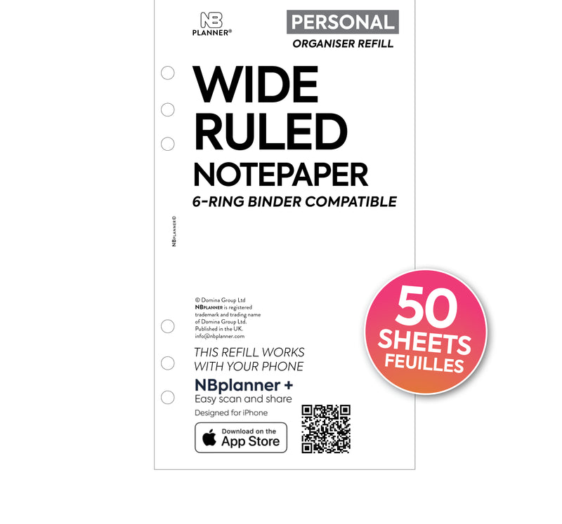 Filofax Personal size compatible printed wide ruled lined notepaper organiser refill insert