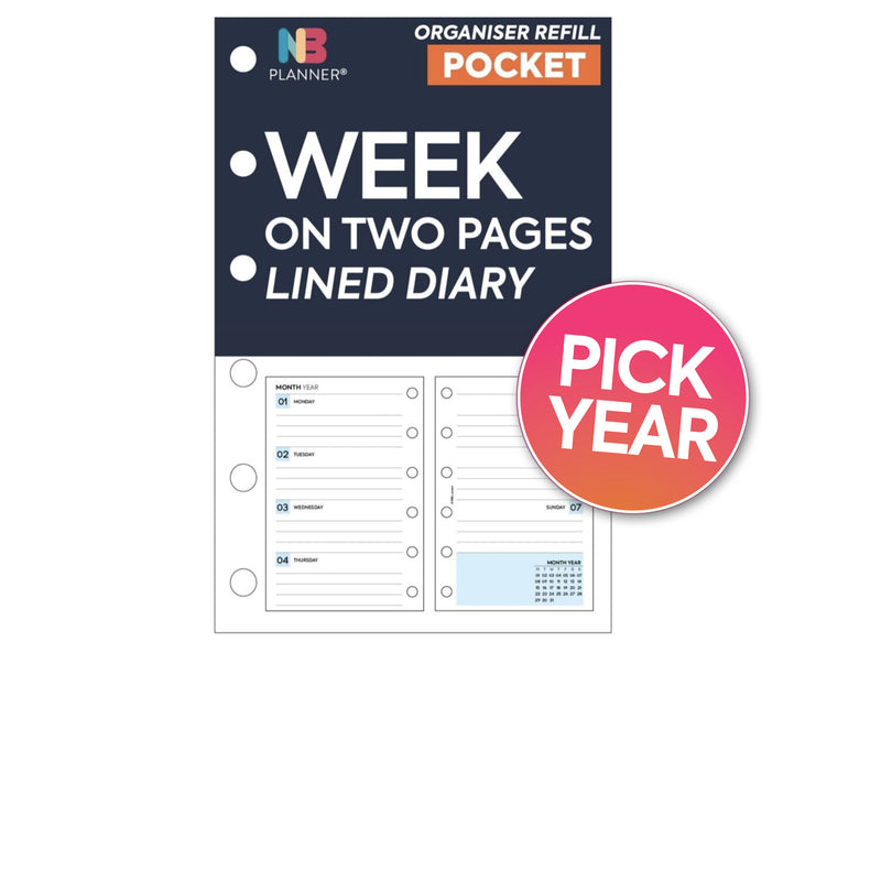 Pocket size Week on two pages lined diary organiser refill | Classic collection