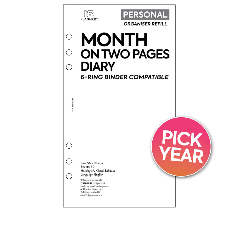 Personal size Month On Two Pages diary organiser refill | Essential