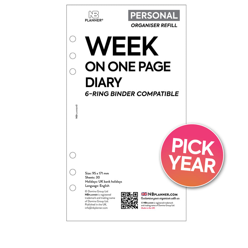 Personal size Week on one page diary organiser refill | Essential collection