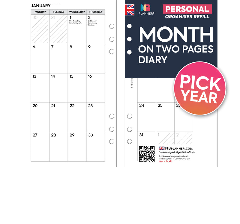 Month on two pages diary organiser refill insert Filofax personal size compatible