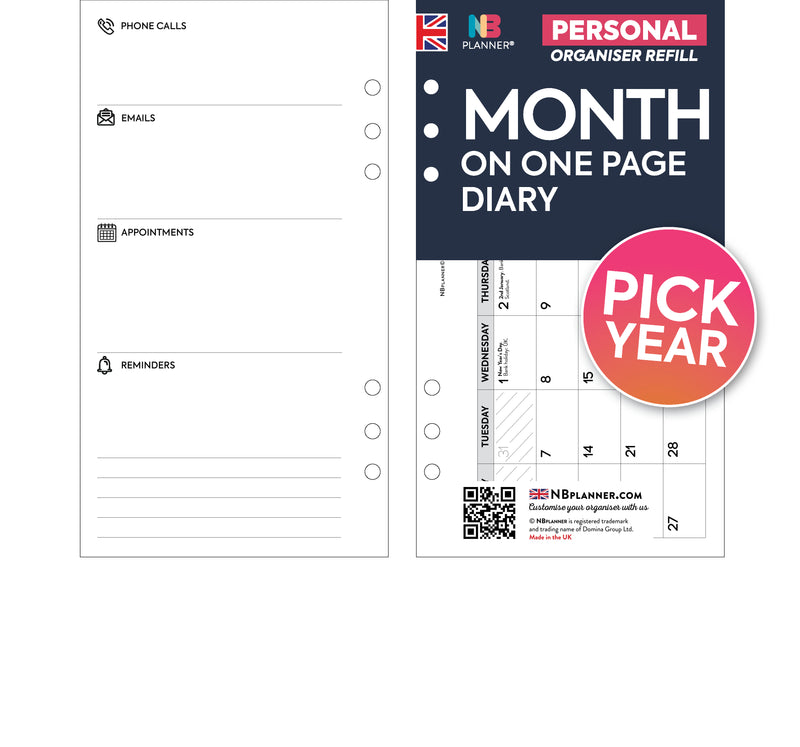 Month on one pages diary refill organiser insert Filofax personal compatible