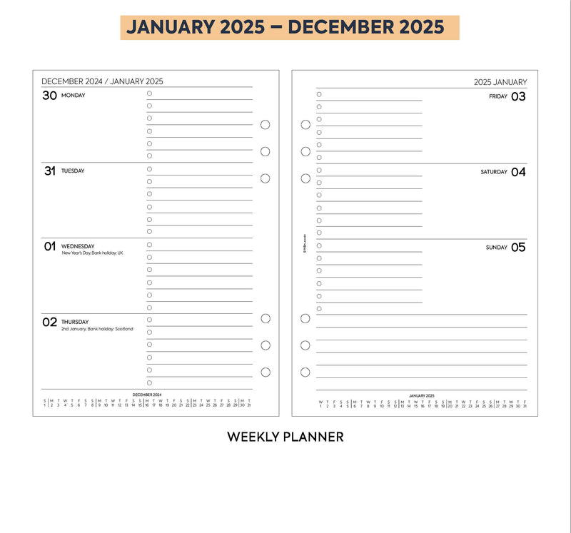 2025 A5 size Week On Two Pages Diary organiser refill | Monthly/Weekly | Fountain pen friendly