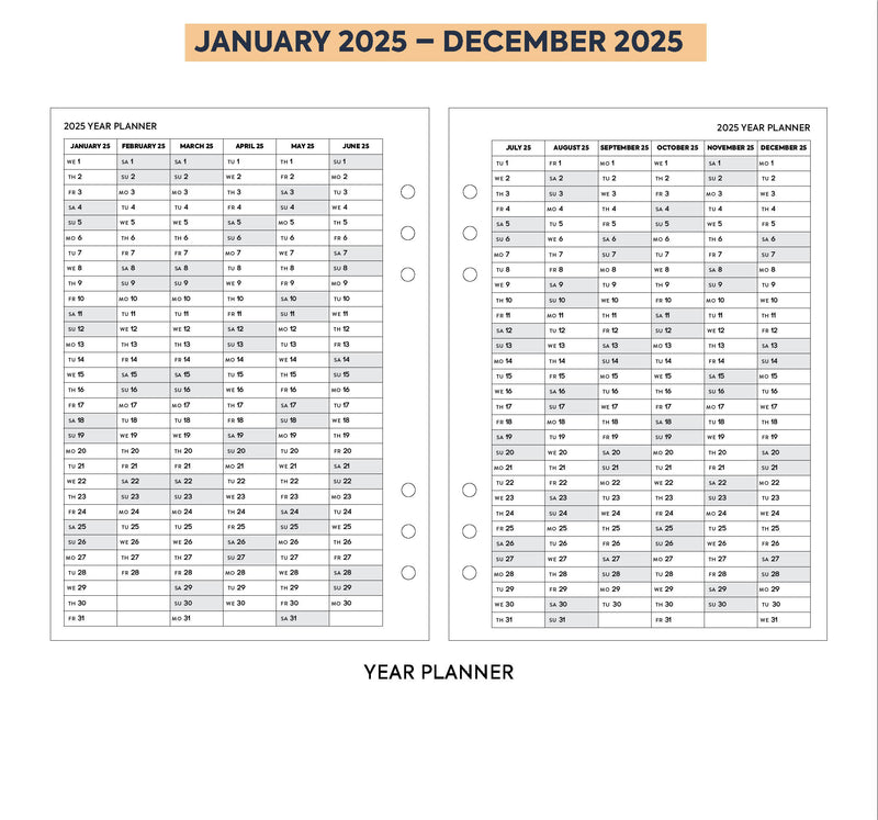 2025 A5 size Week On Two Pages Diary organiser refill | Monthly/Weekly | Fountain pen friendly