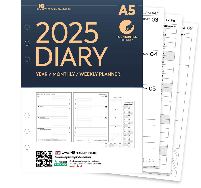 2025 A5 size Week On Two Pages Diary organiser refill | Monthly/Weekly | Fountain pen friendly