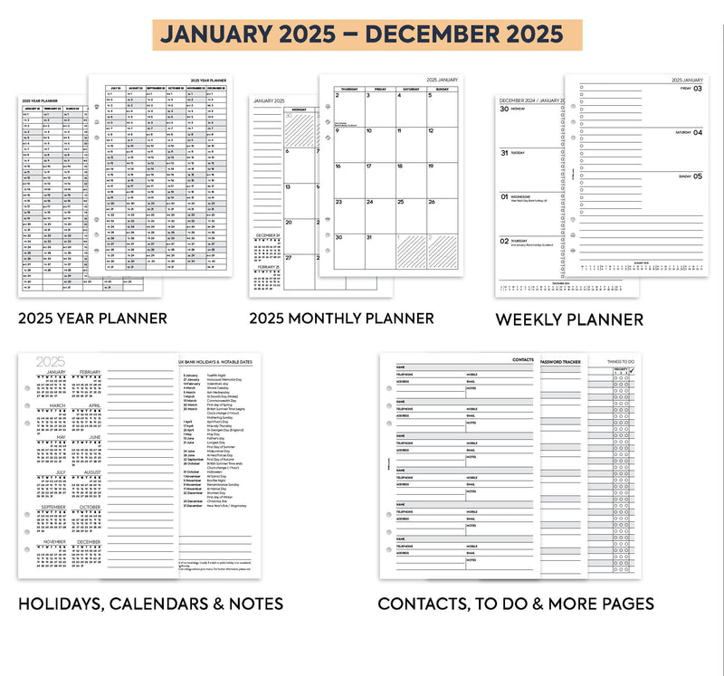 2025 A5 size Week On Two Pages Diary organiser refill | Monthly/Weekly | Fountain pen friendly