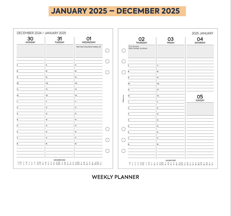 2025 A5 size Week On Two Pages Diary with appointments organiser refill | Monthly/Weekly | Fountain pen friendly