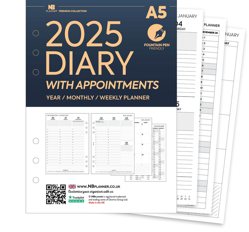 2025 A5 size Week On Two Pages Diary with appointments organiser refill | Monthly/Weekly | Fountain pen friendly