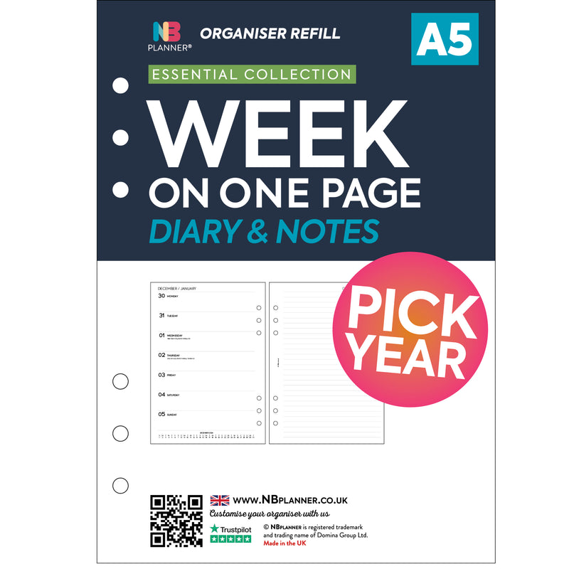 A5 size Week on one page diary with notes organiser refill insert Filofax a5 compatible