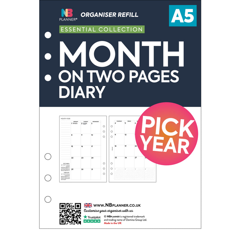 A5 size Month On Two Pages diary organiser refill | Essential