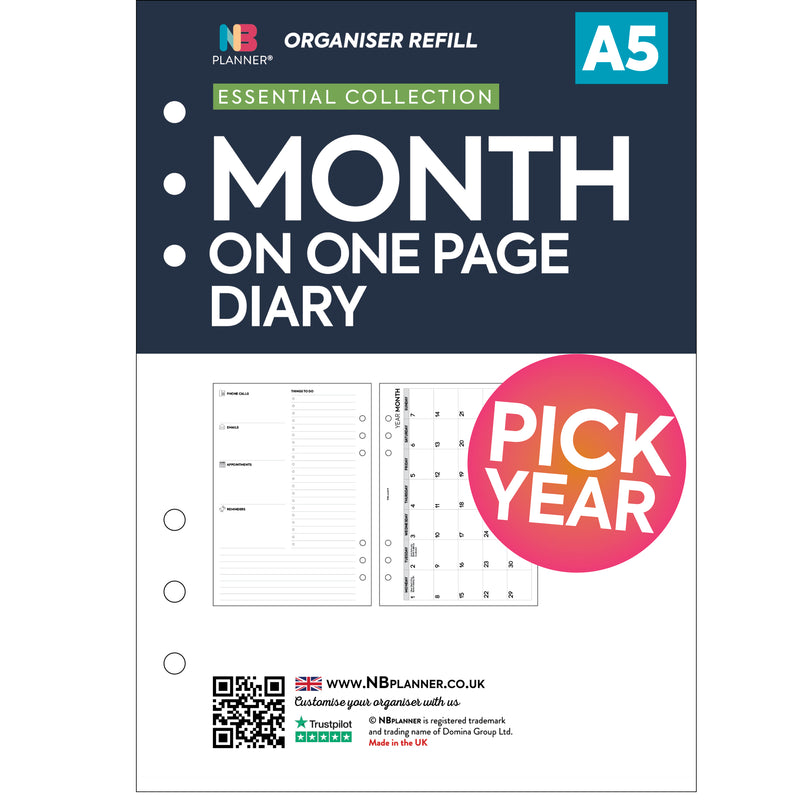 A5 size month on one pages diary refill insert Filofax A5 compatible