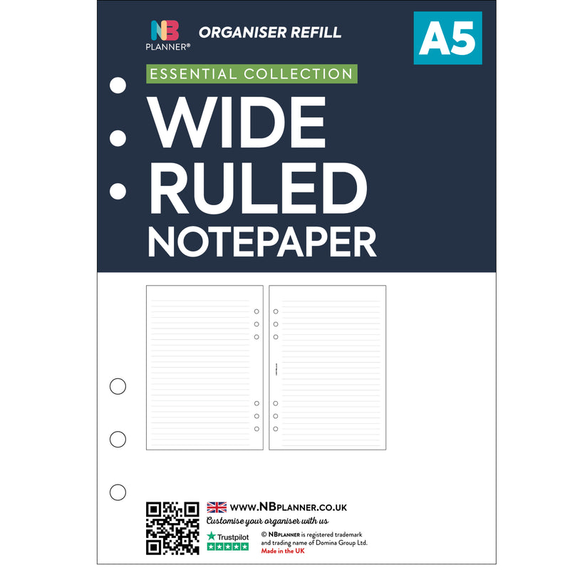 A5 size wide ruled lined notepaper value pack Filofax A5 compatible