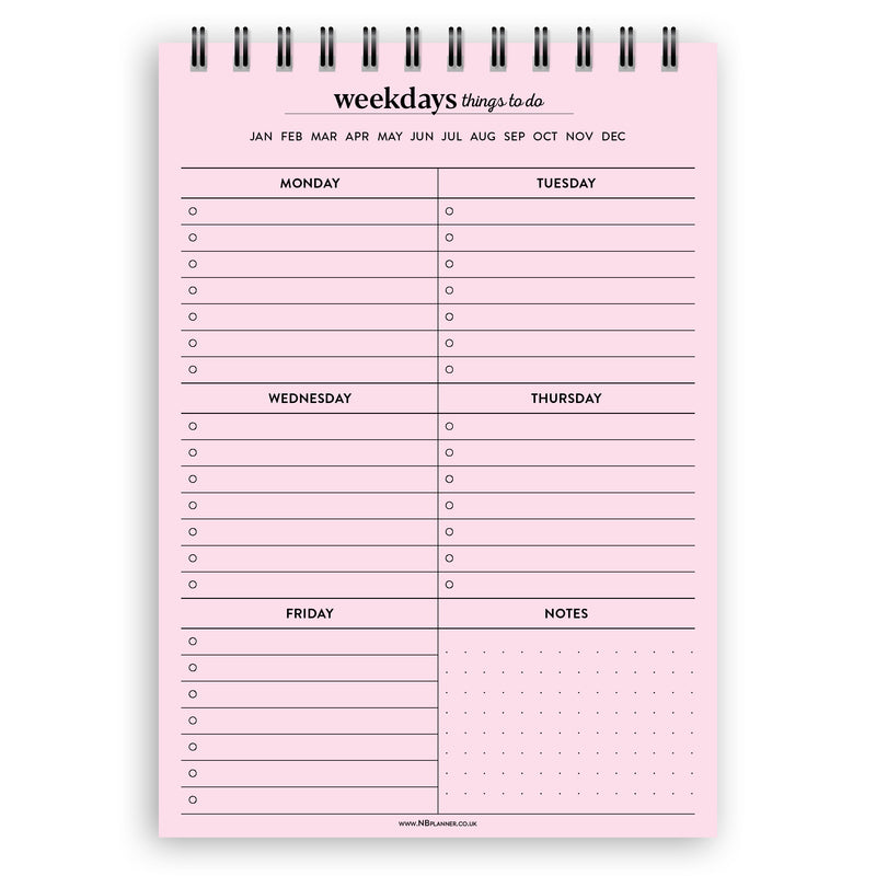 A5 weekdays things to do notepad | Spiral desk pad | Coloured and white paper