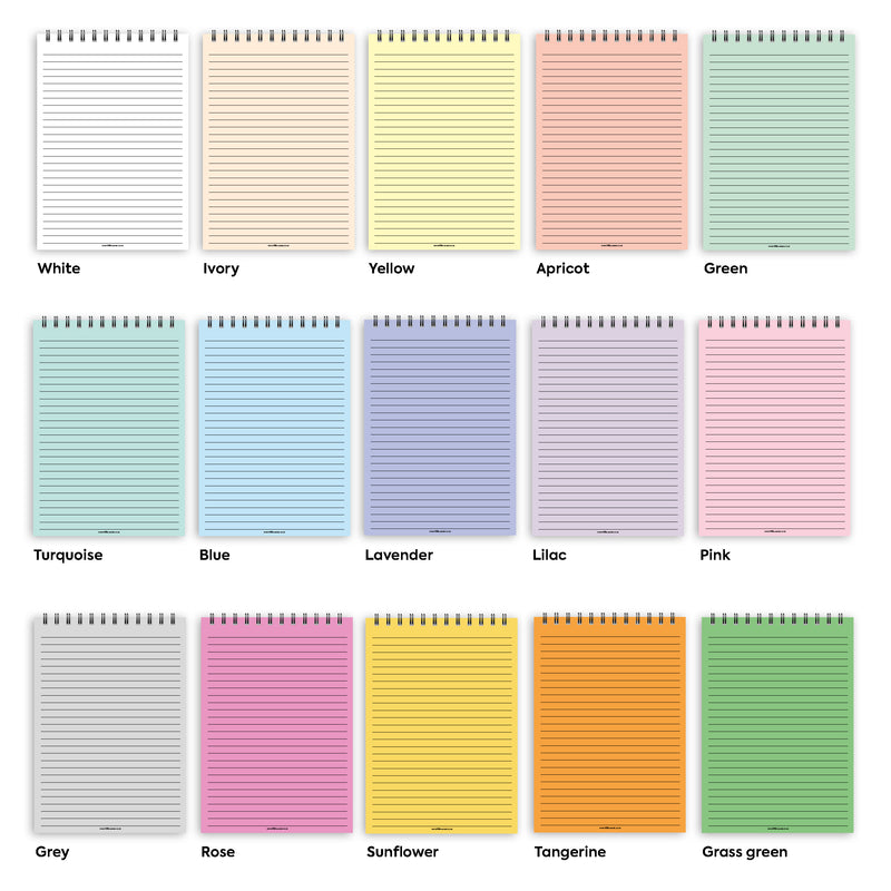 A5 wide-ruled notepad | Spiral desk pad | Coloured and white paper