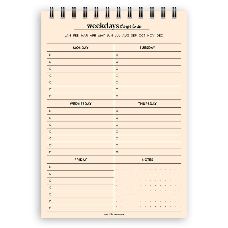 A5 weekdays things to do notepad | Spiral desk pad | Coloured and white paper