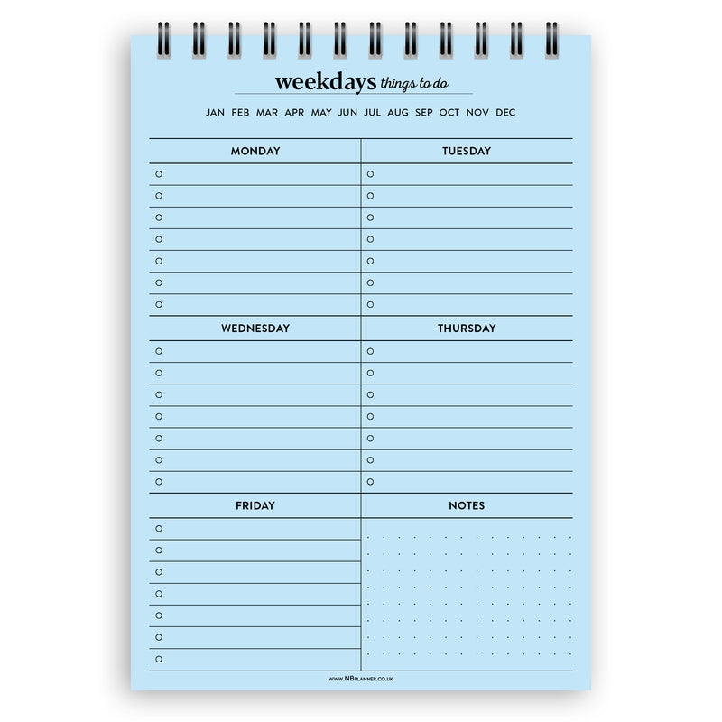 A5 weekdays things to do notepad | Spiral desk pad | Coloured and white paper