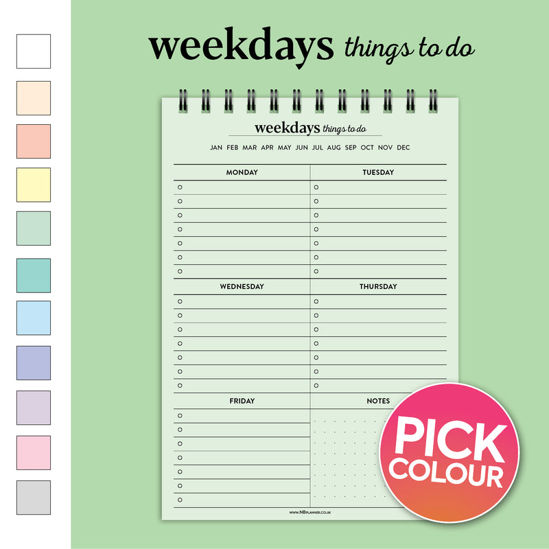 A5 weekdays things to do notepad | Spiral desk pad | Coloured and white paper