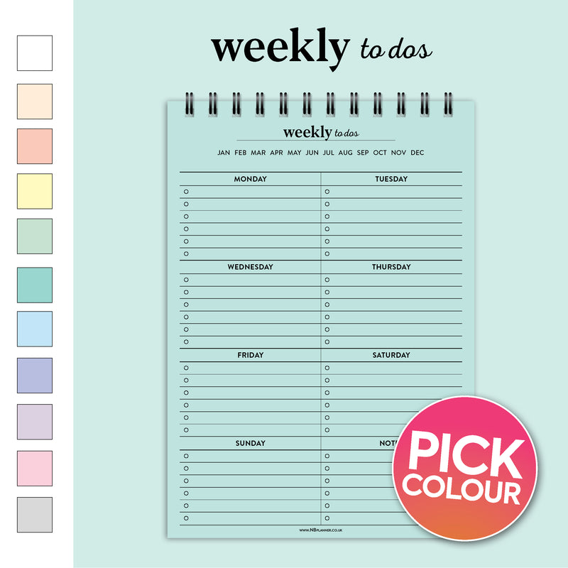 A5 weekly todos notepad | Spiral desk pad | Coloured and white paper