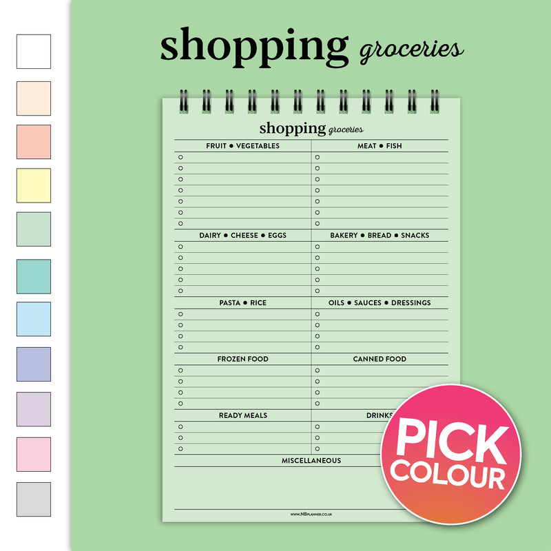 A5 groceries shopping list notepad | Spiral desk pad | Coloured and white paper