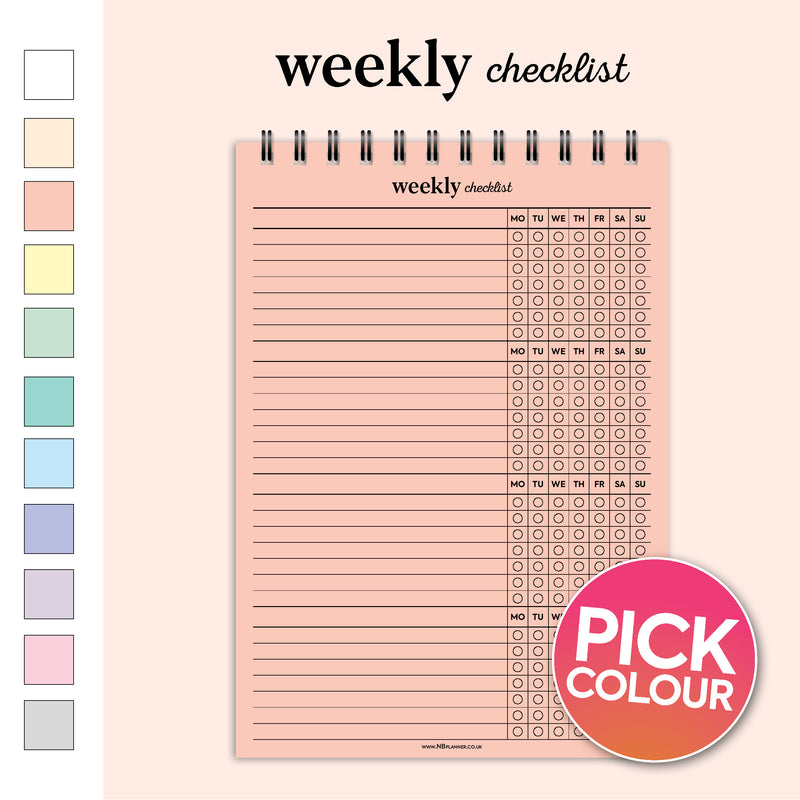 A5 weekly checklist notepad | Spiral desk pad | Coloured and white paper