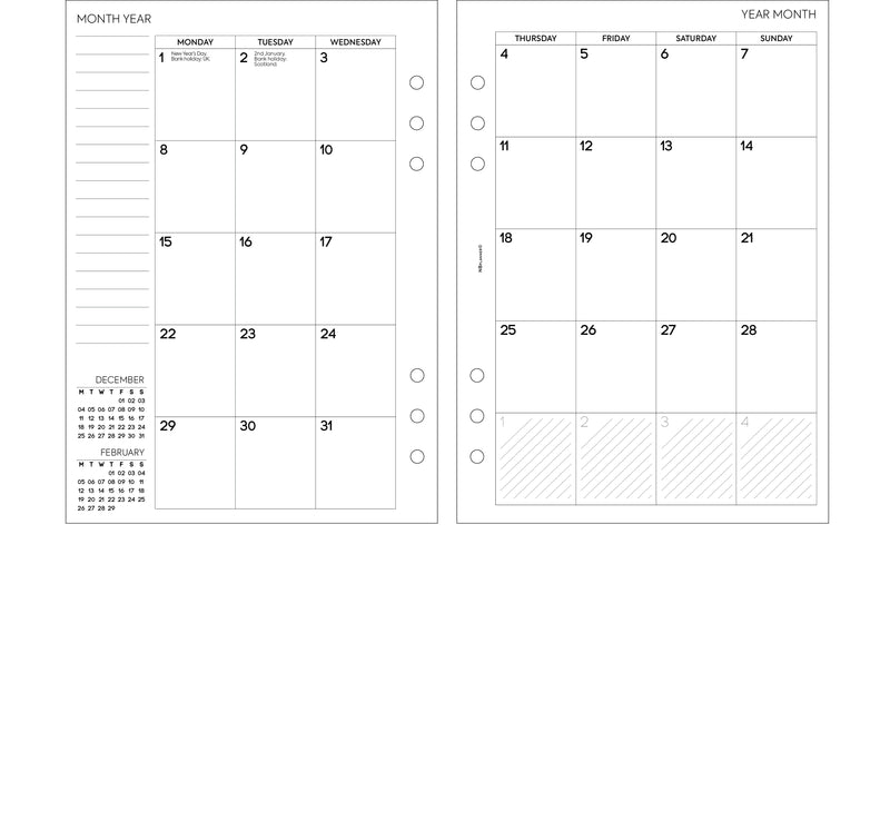 A5 size Month On Two Pages diary organiser refill | Essential