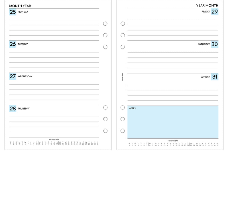 A5 size Week on two pages lined diary organiser refill | Monthly / weekly | Classic collection