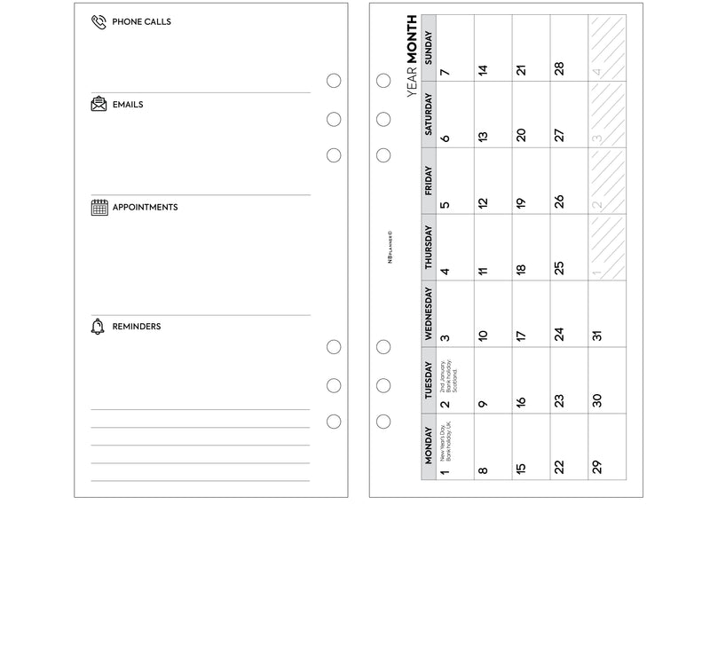 Personal size Month On One Page diary organiser refill | Essential