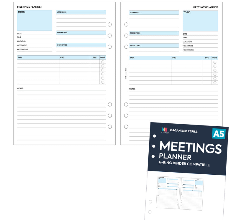 A5 size Meetings planner organiser refill | Classic collection