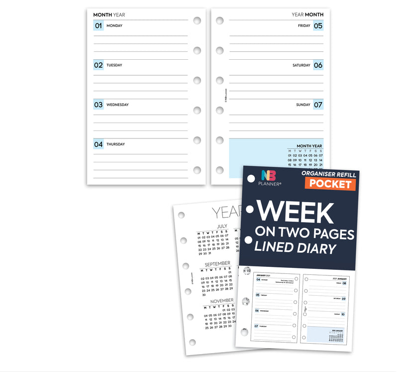 Pocket size Week on two pages lined diary organiser refill | Classic collection