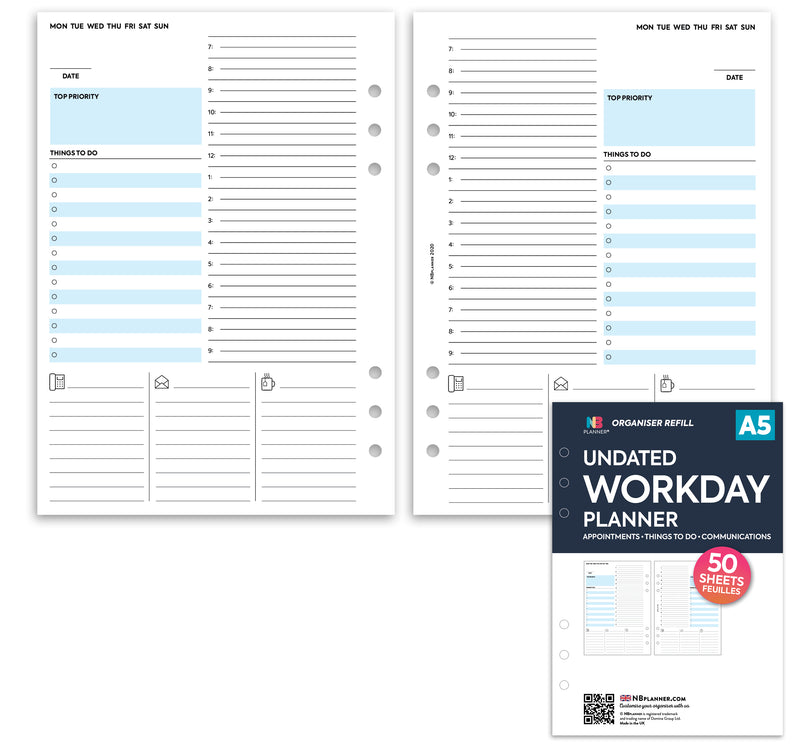 A5 size Undated workday planner organiser refill | Classic collection